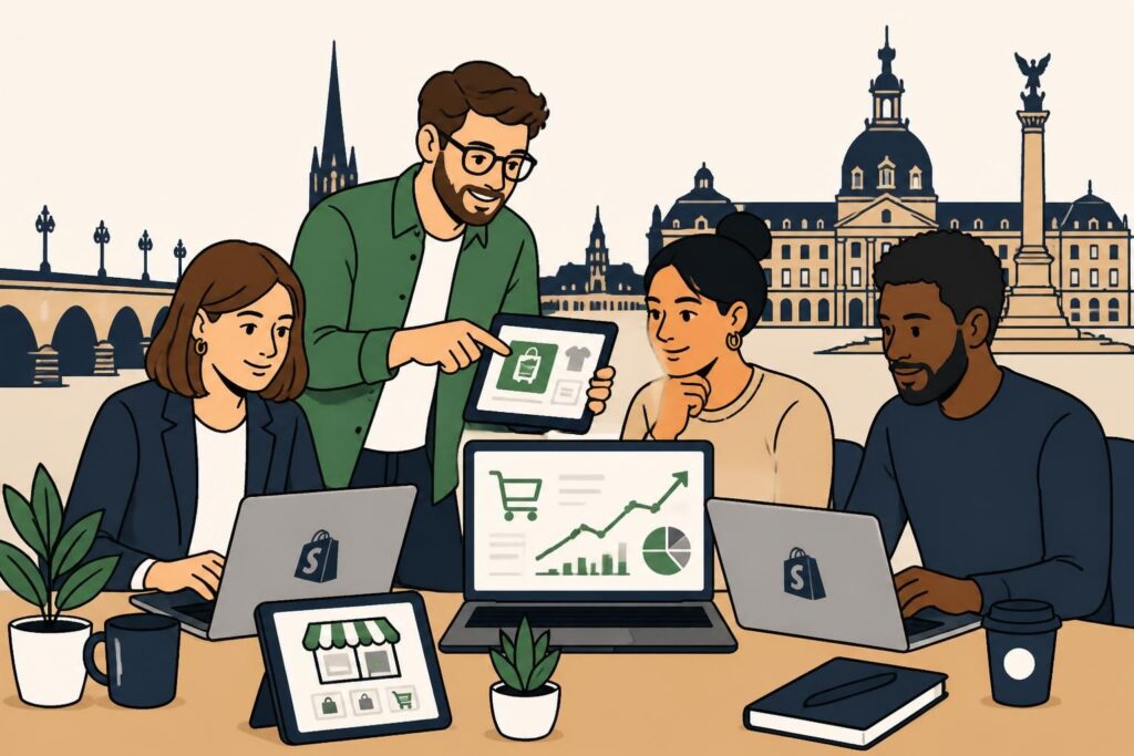 agence shopify à bordeaux spécialisée dans l'accompagnement local pour booster vos ventes en ligne avec des experts dédiés à votre succès.