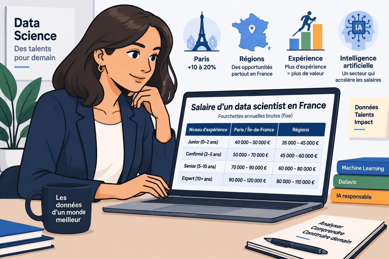 découvre le salaire d’un data scientist en 2026 : rémunération moyenne, écarts selon l’expérience, la région et le secteur, et perspectives d’évolution.